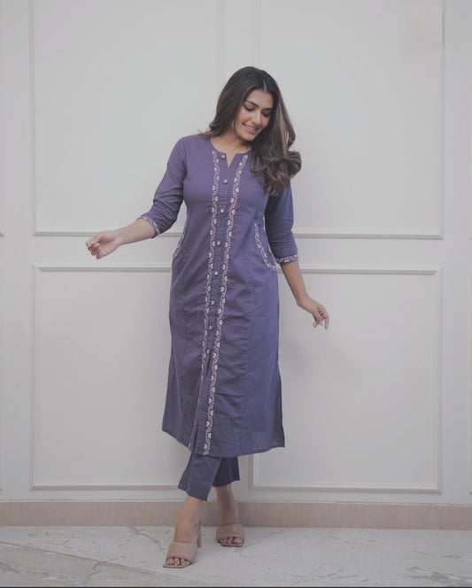 Beautiful Lavender Embroidered Cotton A Line Kurti Pant Set
