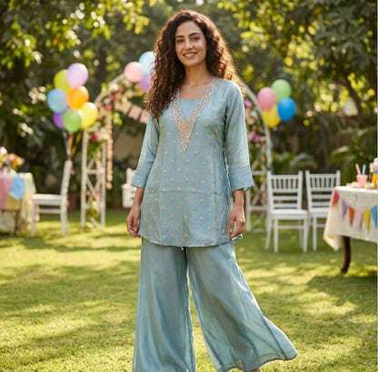 Stunning 3-Piece Sage Green Tissue Silk Co-Ord Set