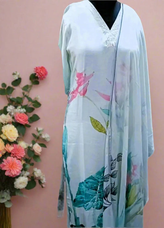 Premium Muslin, Tropical Print, Mint Color Suit With Dupatta