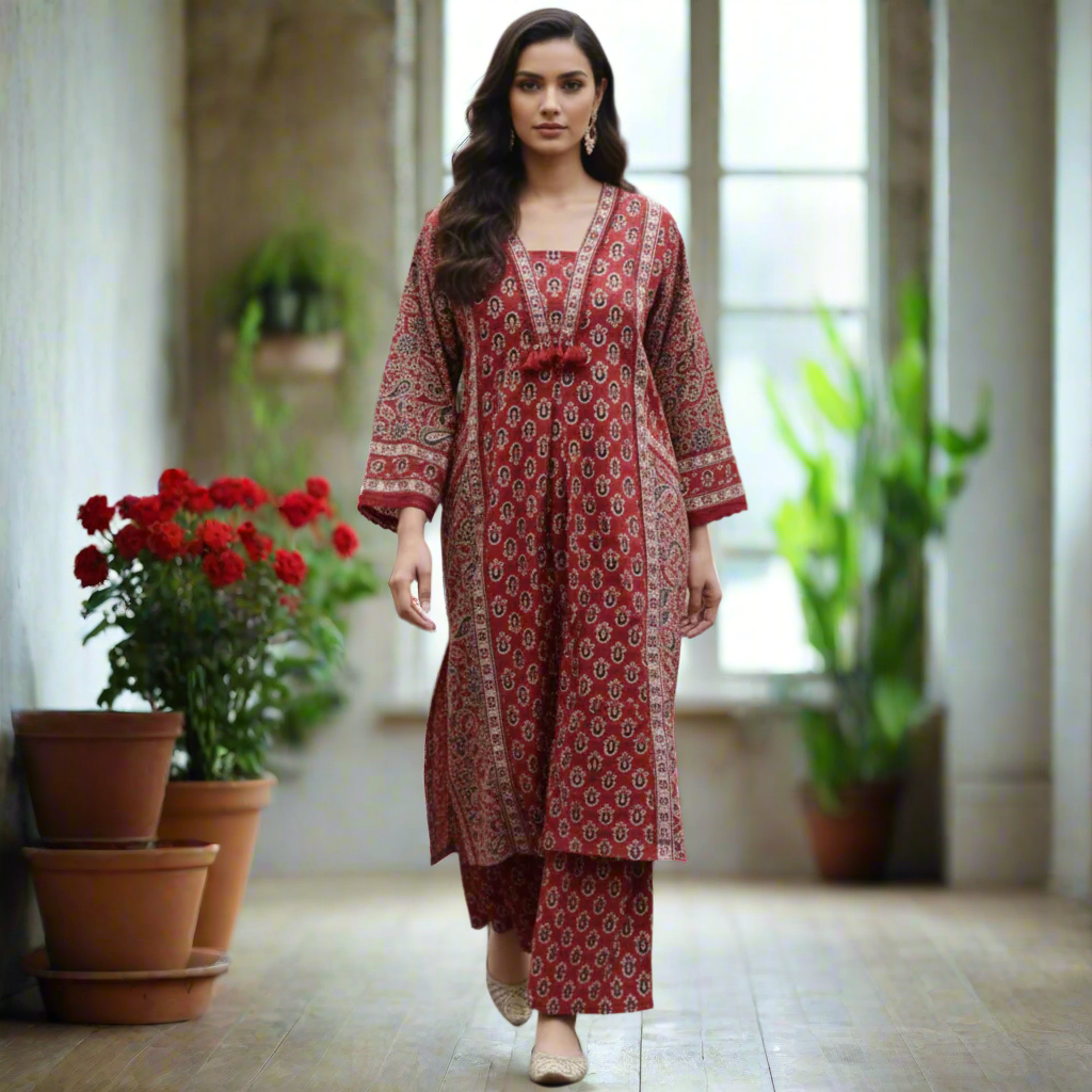 Ajrakh Print Suit Set In Red