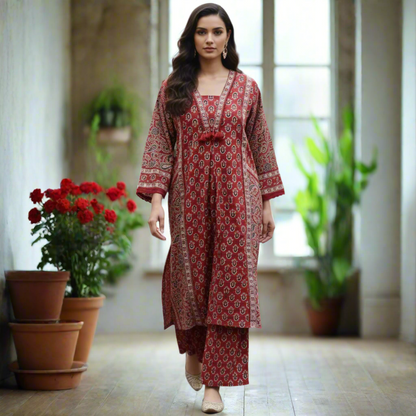 Ajrakh Print Suit Set In Red
