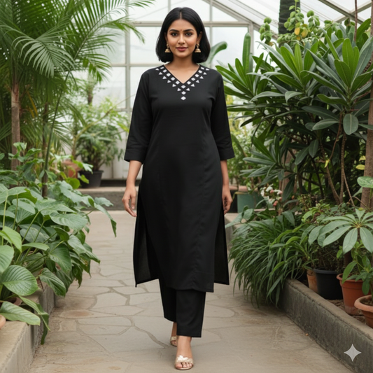 Elegant Mirror Work  Cotton Flex Kurti Pant Set in Black Paired With Pink Silk Bandhani Dupatta