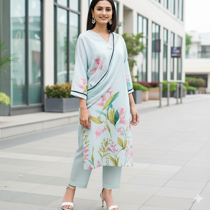 Premium Muslin, Tropical Print, Mint Color Suit With Dupatta