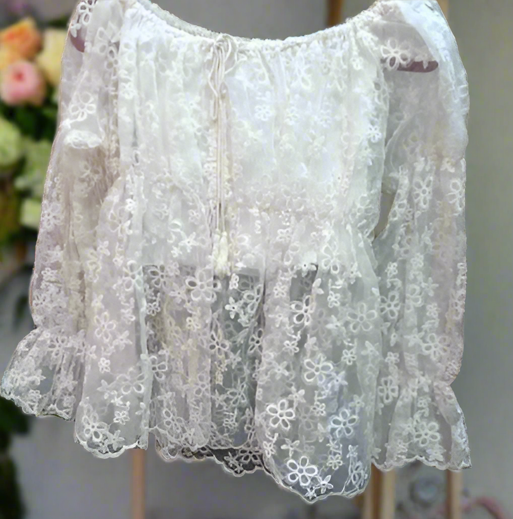 Trendy White Net Lace Sheer Top