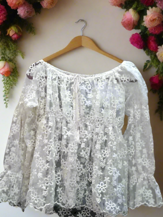 Trendy White Net Lace Sheer Top