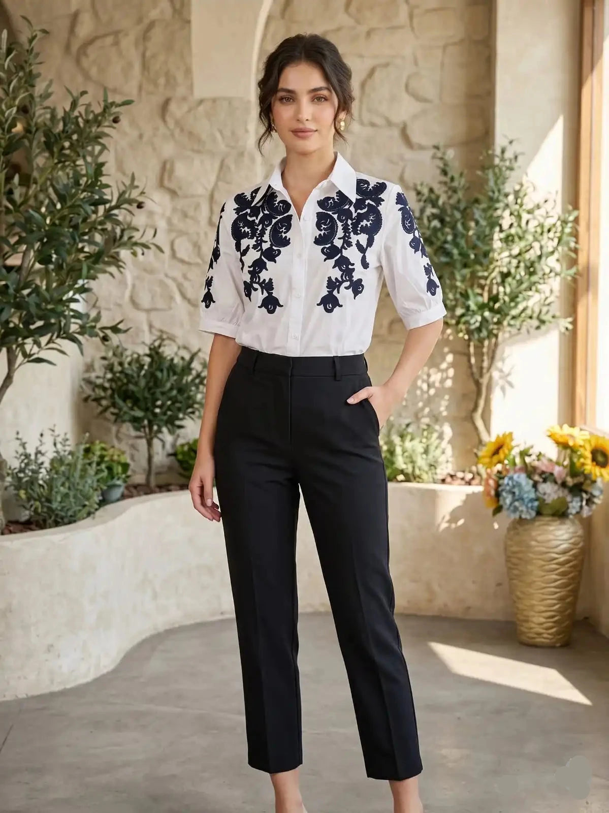 Trendy White Cotton Embroidered Shirt
