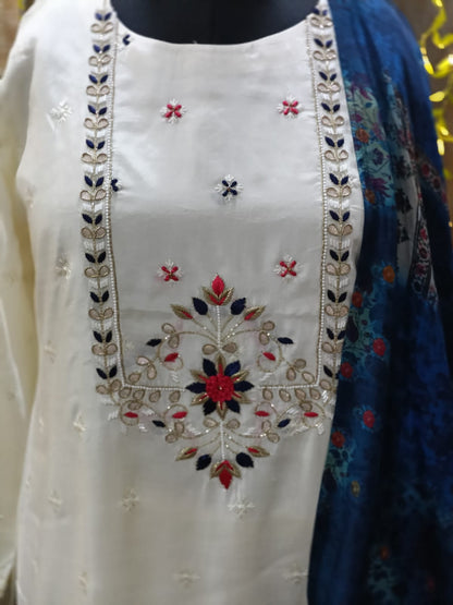 Exquisite Off White Embroidered Silk Blend Kurta Pant and  Rich Blue Dupatta