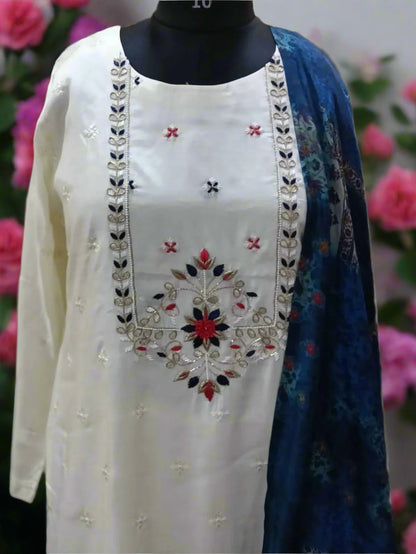 Exquisite Off White Embroidered Silk Blend Kurta Pant and  Rich Blue Dupatta