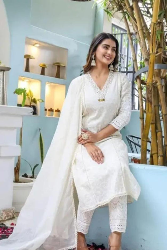White Chikankari Suit Set with Laced Dupatta
