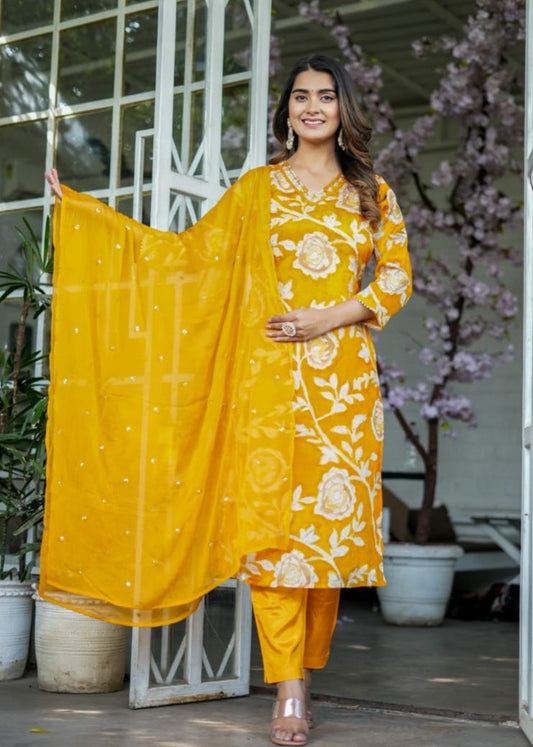 Stunning Mustard Chinon Suit Set