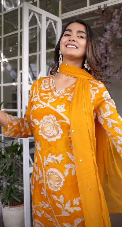 Stunning Mustard Chinon Suit Set