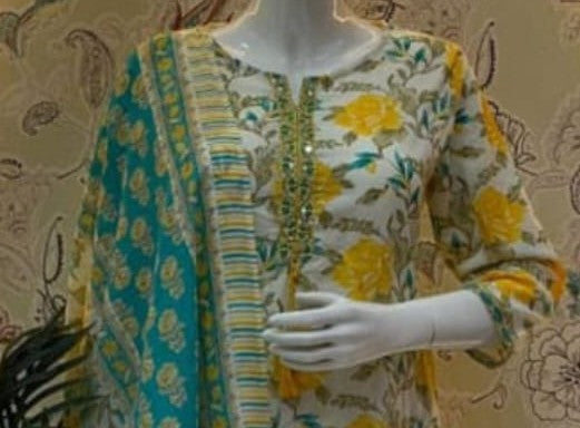 Yellow Floral Printed Straight Kurta Pant With Dupatta