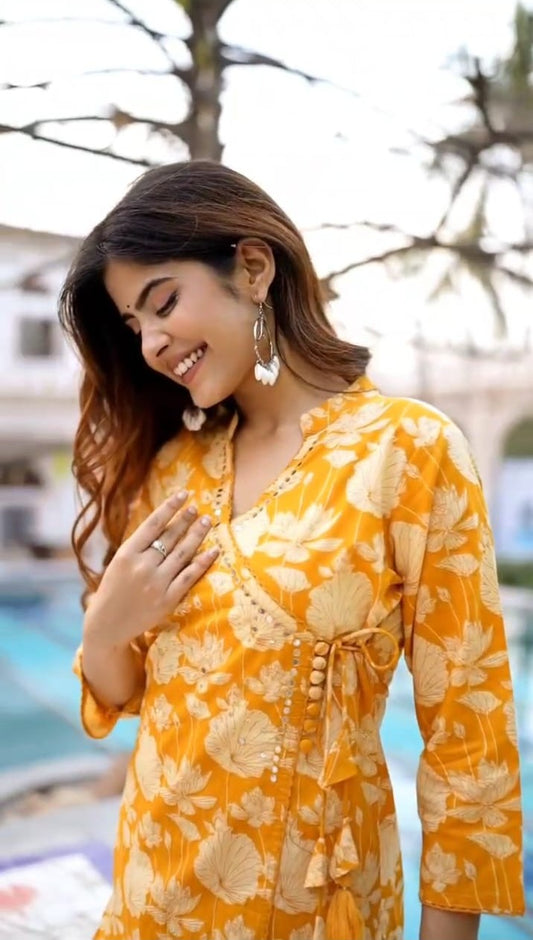 Trendy yellow Floral Angarakha Kurta and Pant Set.